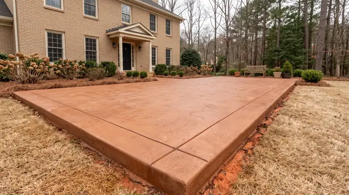 Concrete patio in terracotta integral colour running full depth at a tan-brick colonial in Alpharetta, GA, under an overcast sky.