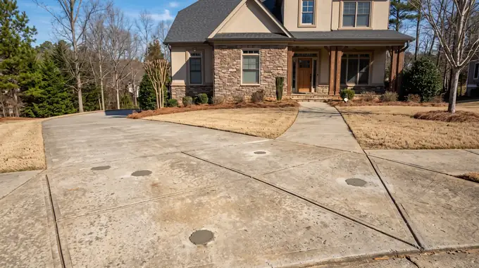 Concrete slab leveled with small patched holes from mudjacking at a stacked-stone and stucco home in Alpharetta, GA, in clear late-morning sun.
