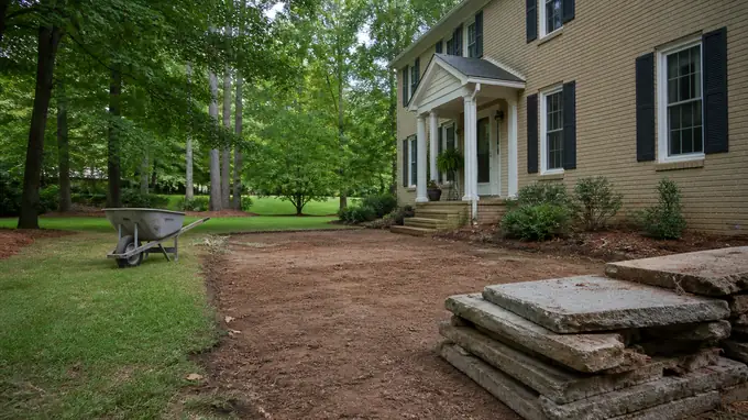 Old patio broken into slabs and stacked ready to be carried out at a tan-brick colonial in Alpharetta, GA, after a rain shower.