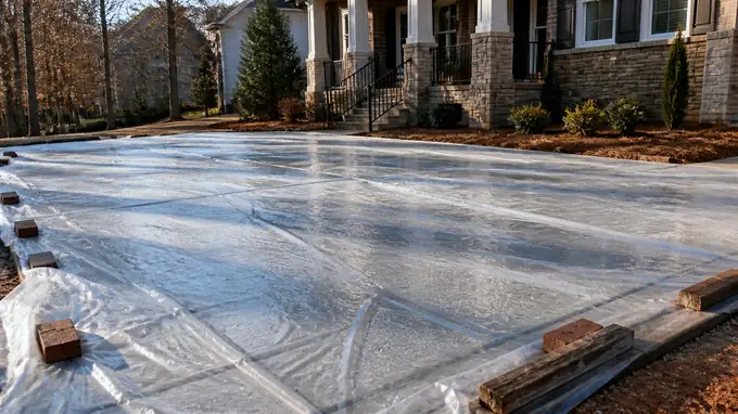 Plastic sheeting covers a curing driveway slab. at a brick-and-siding two-story home in Alpharetta, GA, under low winter sun.
