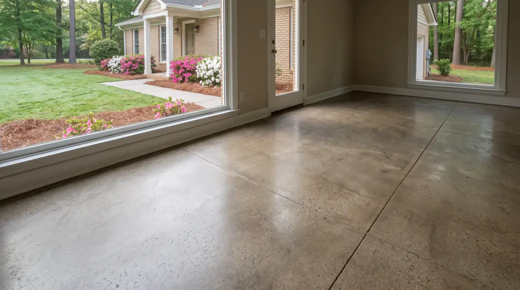 Polished concrete floor with a satin sheen in a finished interior room at a tan-brick colonial in Alpharetta, GA, in early morning light.