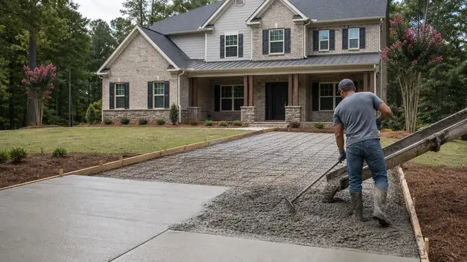Concrete coming down the chute into formed driveway bays at a brick-and-siding two-story home in Alpharetta, GA, after a rain shower.