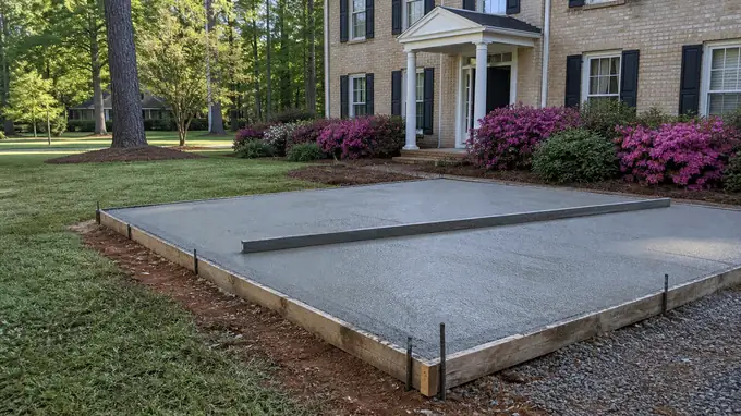 A screed board levels fresh concrete on a small patio. at a tan-brick colonial in Alpharetta, GA, in early morning light.