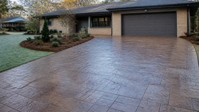 A finished stamped surface shows a glossy sealed sheen. at a buff-brick ranch home in Alpharetta, GA, in early morning light.