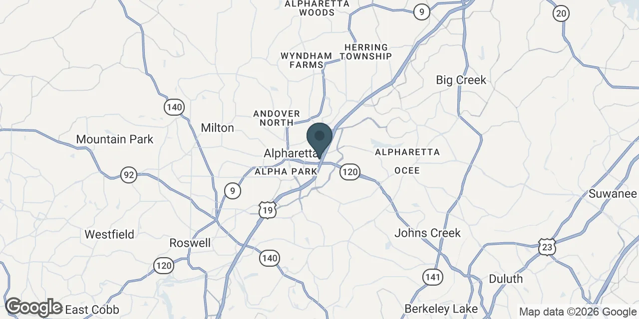 Map of the Alpharetta, GA service area covered by Alpharetta Craftsman Concrete.