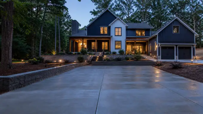 A hand sprayer applies curing compound to a finished patio. at a charcoal farmhouse-modern home in Alpharetta, GA, at blue hour.