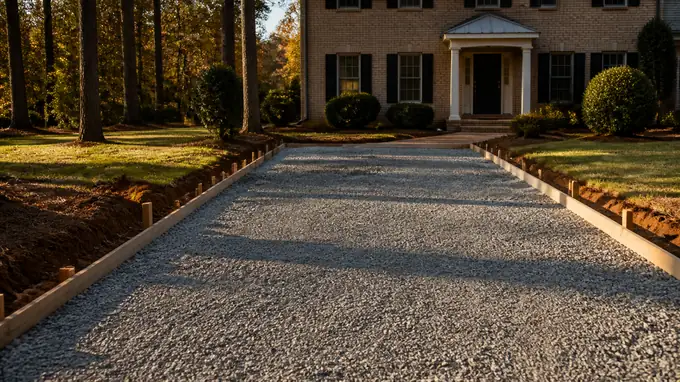 Crushed stone base is raked level inside driveway forms. at a tan-brick colonial in Alpharetta, GA, in late afternoon light.