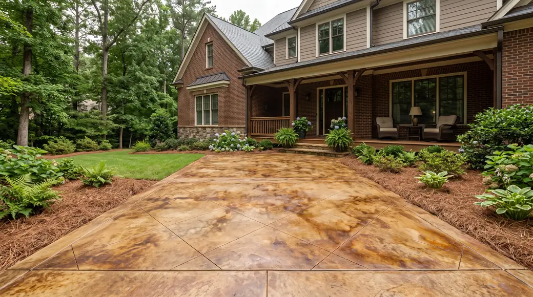Acid-stained concrete patio in mottled earth tones at a brick-and-siding two-story home in Alpharetta, GA, under an overcast sky.
