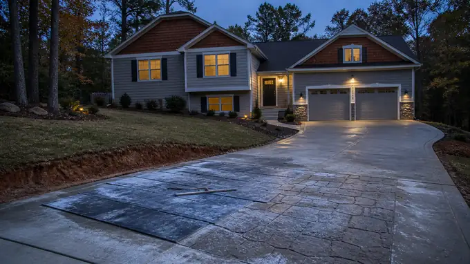 Stamping mats are pressed into a patio surface to imprint a pattern. at a grey split-level home in Alpharetta, GA, at blue hour.