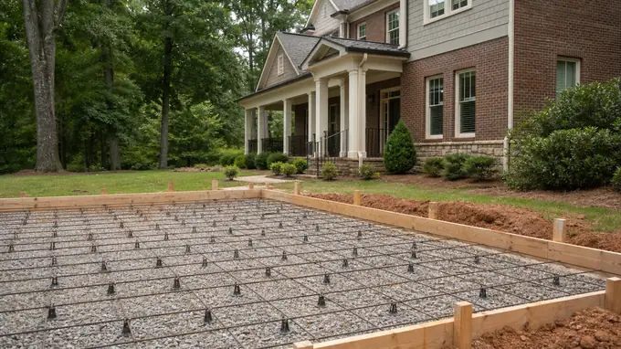 A worker ties rebar into a grid before a residential pour. at a brick-and-siding two-story home in Alpharetta, GA, under bright midday cloud.