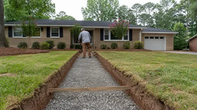 Front walkway removed and the trench squared out for a new pour at a buff-brick ranch home in Alpharetta, GA, under an overcast sky.
