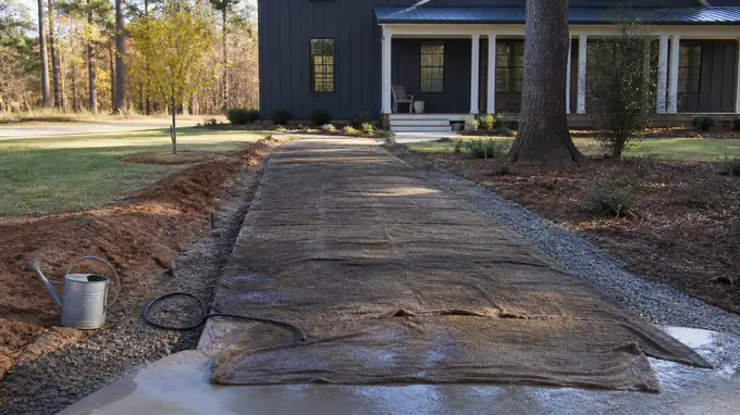 Damp burlap covers a small slab section during curing. at a charcoal farmhouse-modern home in Alpharetta, GA, under low winter sun.