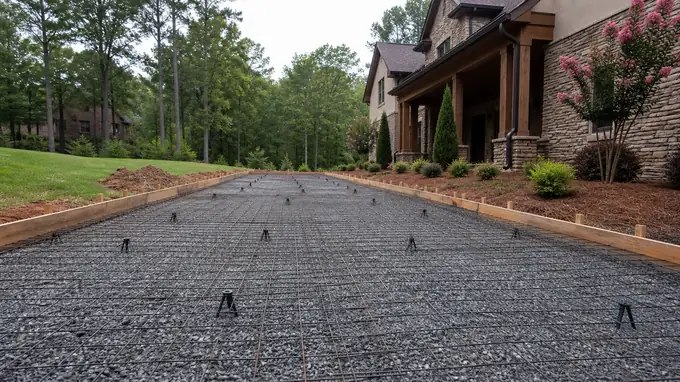 Wire mesh is unrolled across a driveway base before pouring. at a stacked-stone and stucco home in Alpharetta, GA, under an overcast sky.