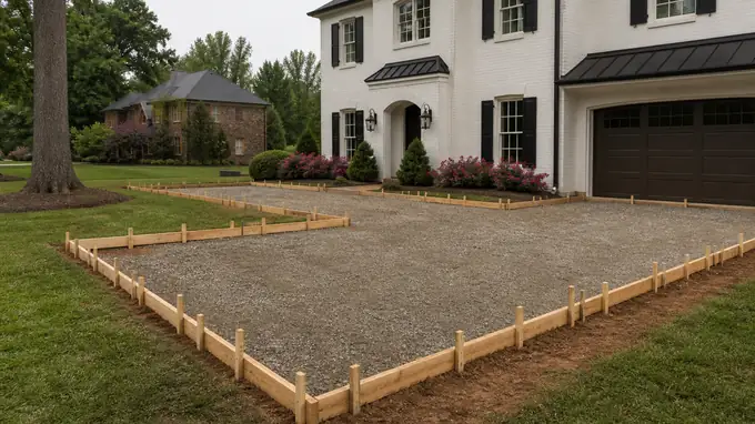 Wooden forms outline a patio slab before the pour. at a painted-white-brick two-story home in Alpharetta, GA, under an overcast sky.